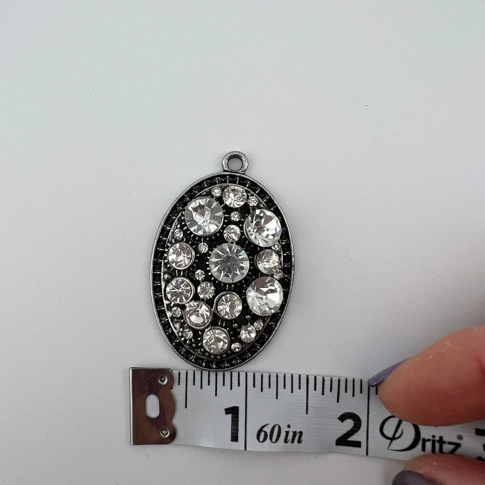 Oval Rhinestone Pendant‎ Silver Tone Black Statement Necklace Charm